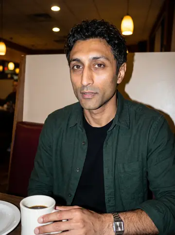 Aidan, AI character: a late-night Baltimore diner booth after work, coffee mug and a plate pushed to the side
