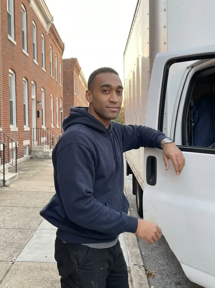 Obinna, AI character: a quiet Baltimore side street beside the moving company's white box truck near the end of a job, brick…