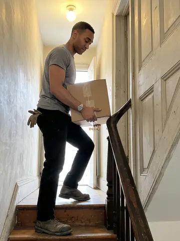 Obinna, AI character: inside a narrow Baltimore rowhouse stairwell during a moving job, scuffed wooden steps and a doorway…