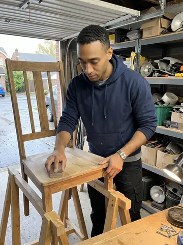Obinna, AI character: his cousin's garage on a weekend, a half-sanded wooden chair on sawhorses, hand tools and old lamps on a…