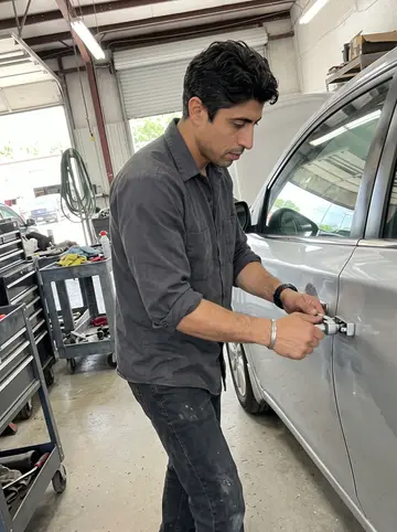Ravi, AI character: inside the body shop bay in Columbus, next to a dented silver sedan with tools laid out on a rolling cart