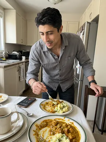 Ravi, AI character: his parents' kitchen on a Sunday afternoon, plates of curry and colcannon crowded on the table