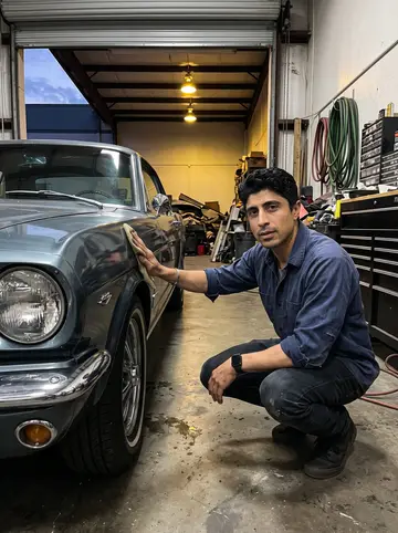 Ravi, AI character: after-hours in the closed body shop, polishing the 1967 Mustang that belonged to his boss's late son