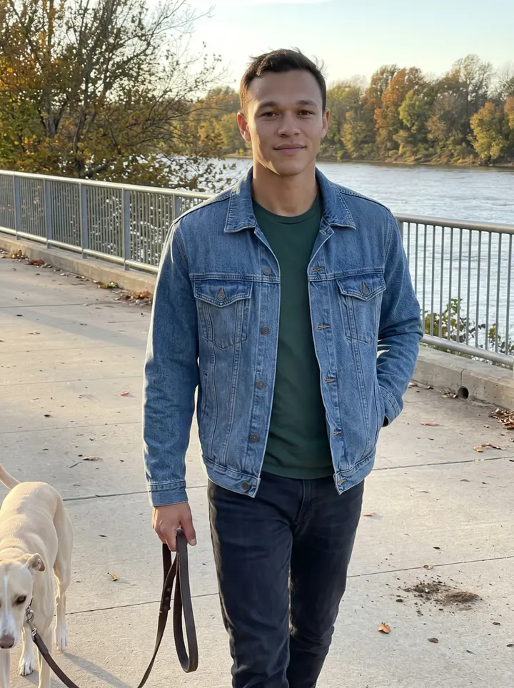 Hunter, AI character: a quiet Tulsa River Parks walking path near the Arkansas River, Biscuit trotting beside him on the old…