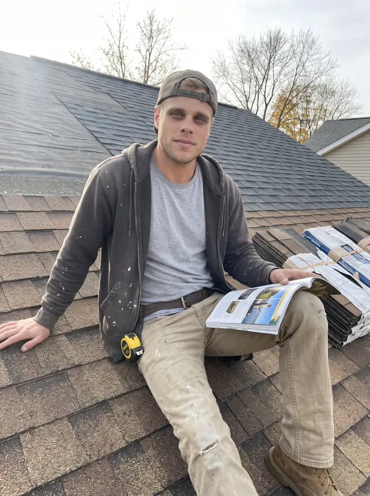 Duncan, AI character: half-shingled residential roof in an Akron neighbourhood, bare maple trees and rooftops behind, bundles of…