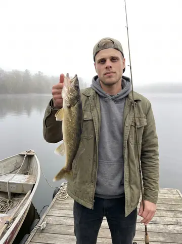 Duncan, AI character: small wooden dock on Portage Lakes, flat grey water and a shoreline of trees fading into spring fog,…