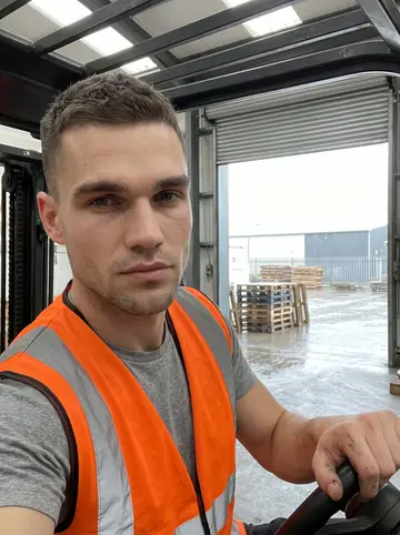 Ross, AI character: the loading bay steps outside a distribution warehouse in Trafford Park, a parked forklift and stacked…