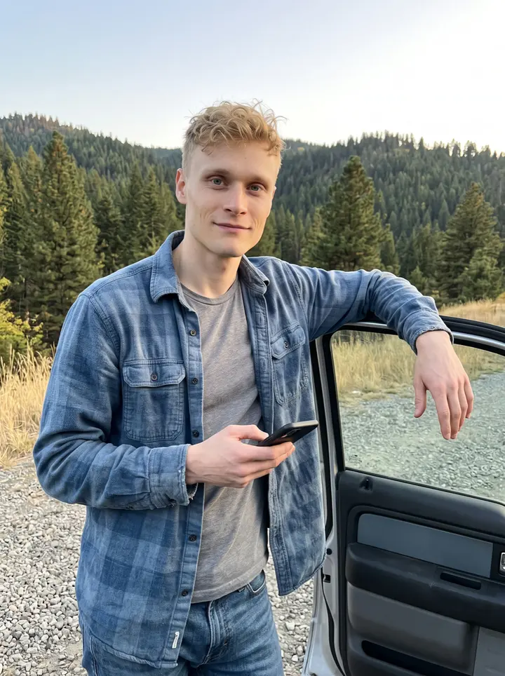 Huck, AI character: a gravel pull-off on the hill road above Kellogg, Idaho, leaning on the open door of his secondhand dark…