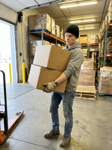 Huck, AI character: the loading dock of a windowless Kellogg warehouse, rows of shelving and wrapped pallets behind him, the…