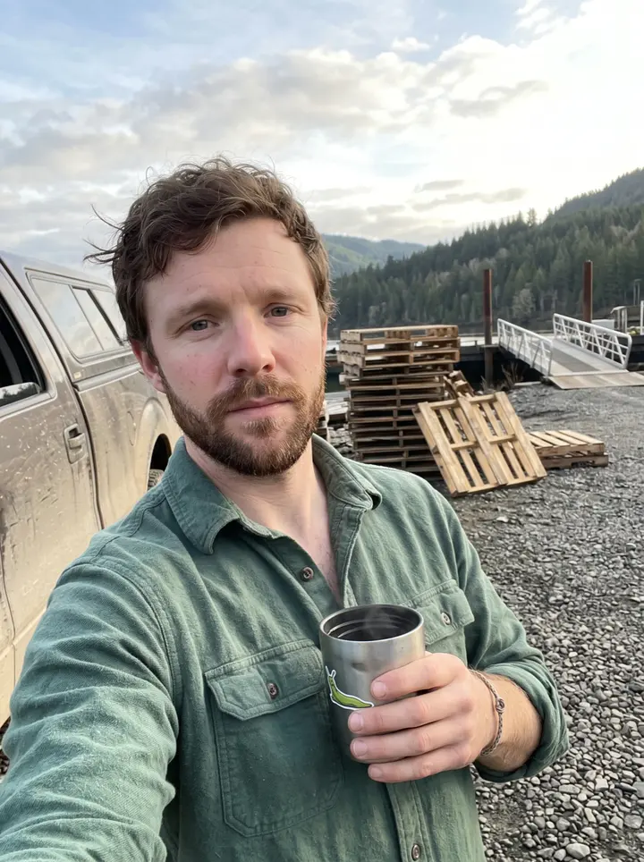 Brock, AI character: a gravel loading yard by the dock on Prince of Wales Island at first light, sitting on the tailgate of a…