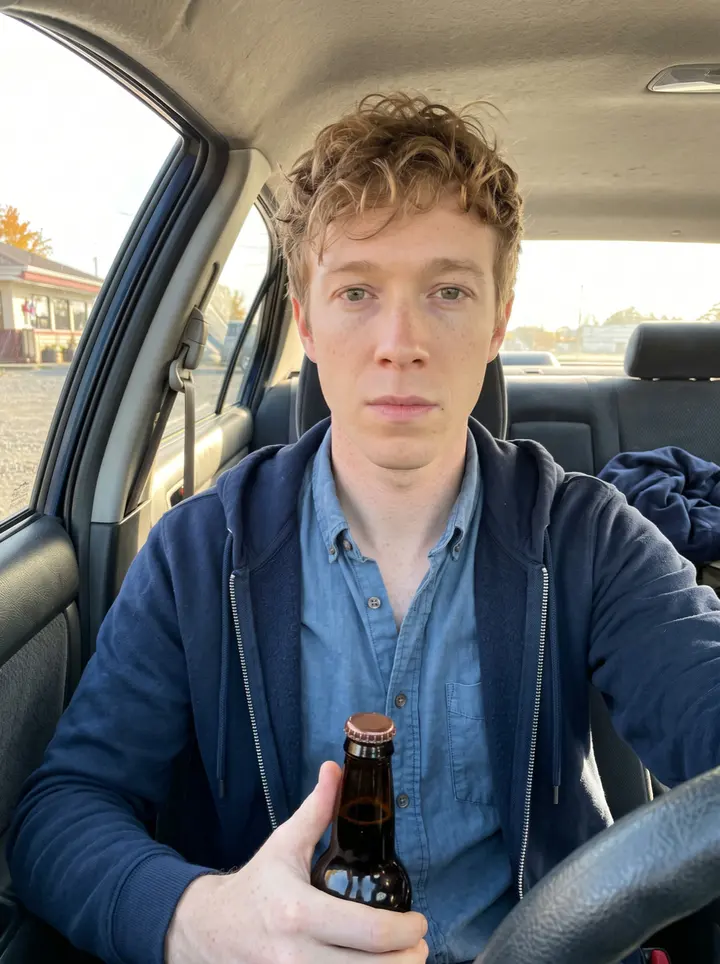 Lyle, AI character: gravel lot beside a roadside diner on a Kansas highway, his old dark-blue 2004 Buick Century parked behind him