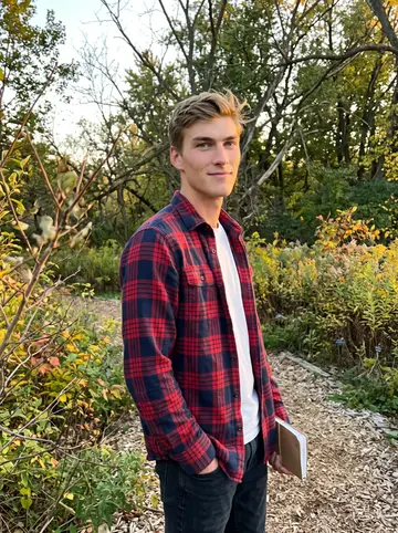 Terry, AI character: a Toledo Metroparks trail edge in early autumn, standing beside a row of labeled native shrubs with the…