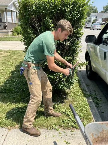 Terry, AI character: a small front yard in West Toledo during a landscaping job, hedge clippings on the grass and a work truck…