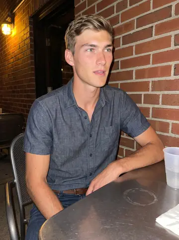 Terry, AI character: a narrow patio outside a neighborhood bar in Toledo, plastic cups and a metal table crowded into the corner