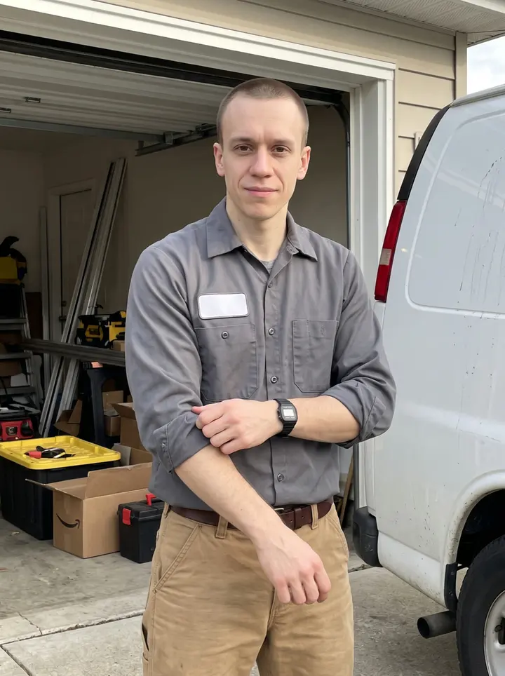 Jared, AI character: outside a small Akron residential garage just after finishing an overhead door install, the open white…