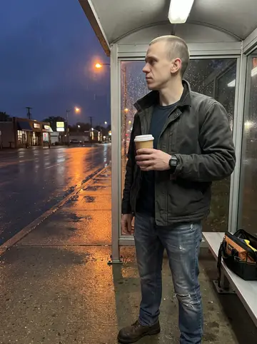 Jared, AI character: an Akron bus stop after work, wet pavement under the shelter, tool bag on the bench beside him