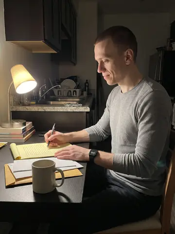 Jared, AI character: his kitchen table late at night, yellow legal paper, envelopes, and a cheap mug spread under a desk lamp