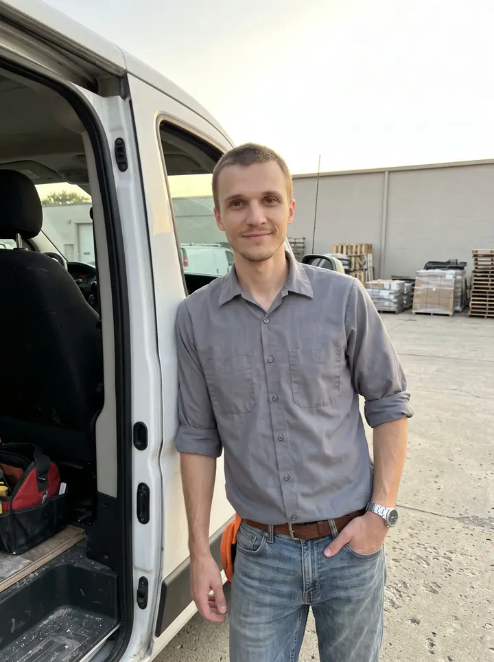 Dwayne, AI character: outside the flooring company yard in Akron, leaning against the open side door of his white work van after…