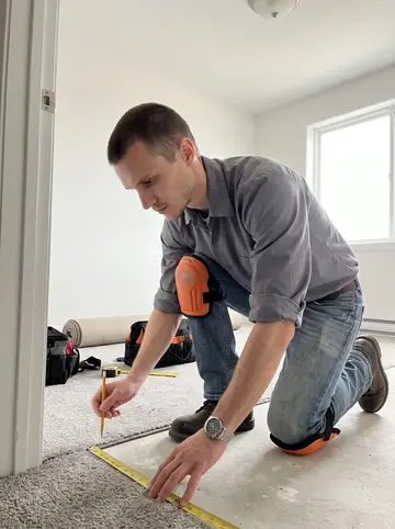 Dwayne, AI character: an empty rental apartment with bare floors, carpet rolls, knee kicker, utility knife and tool bag spread…
