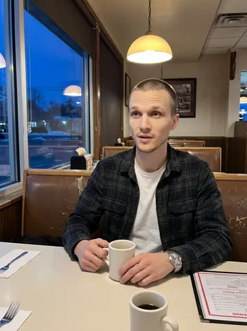 Dwayne, AI character: a small Akron diner booth on a Thursday night, coffee mugs and a laminated menu on the table, his mother…