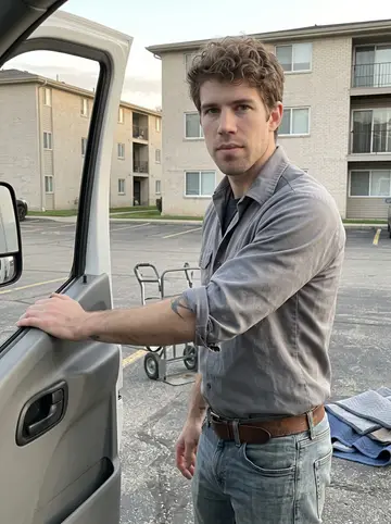 Mitchell, AI character: beside his white appliance delivery truck in a Dayton apartment parking lot near the end of the route