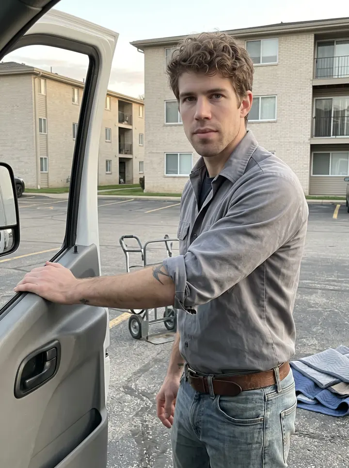 Mitchell, AI character: beside his white appliance delivery truck in a Dayton apartment parking lot near the end of the route