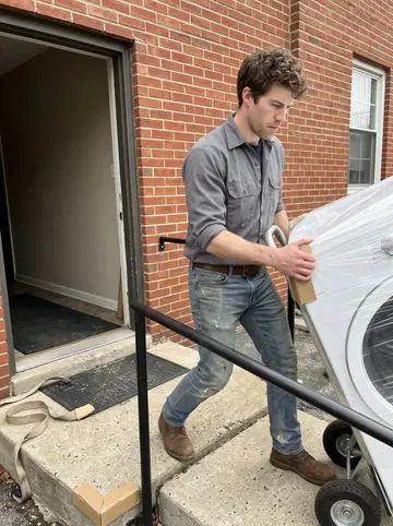 Mitchell, AI character: back entrance of a three-story Dayton walk-up during an appliance delivery