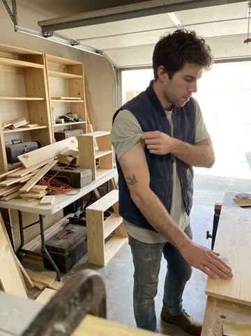 Mitchell, AI character: borrowed garage workshop in Dayton with unfinished small shelves on a folding table