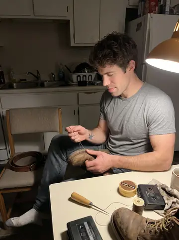 Mitchell, AI character: small kitchen table in his Dayton apartment with a sewing awl, boot wax, and one scuffed work boot under a…