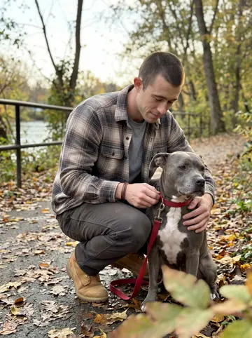Carter, AI character: a leaf-covered path near the Great Miami River in Dayton, Biscuit beside him on a red leash