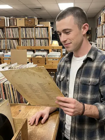 Carter, AI character: a small secondhand record shop in Dayton, leaning over a bin of old country vinyl near a wooden listening…