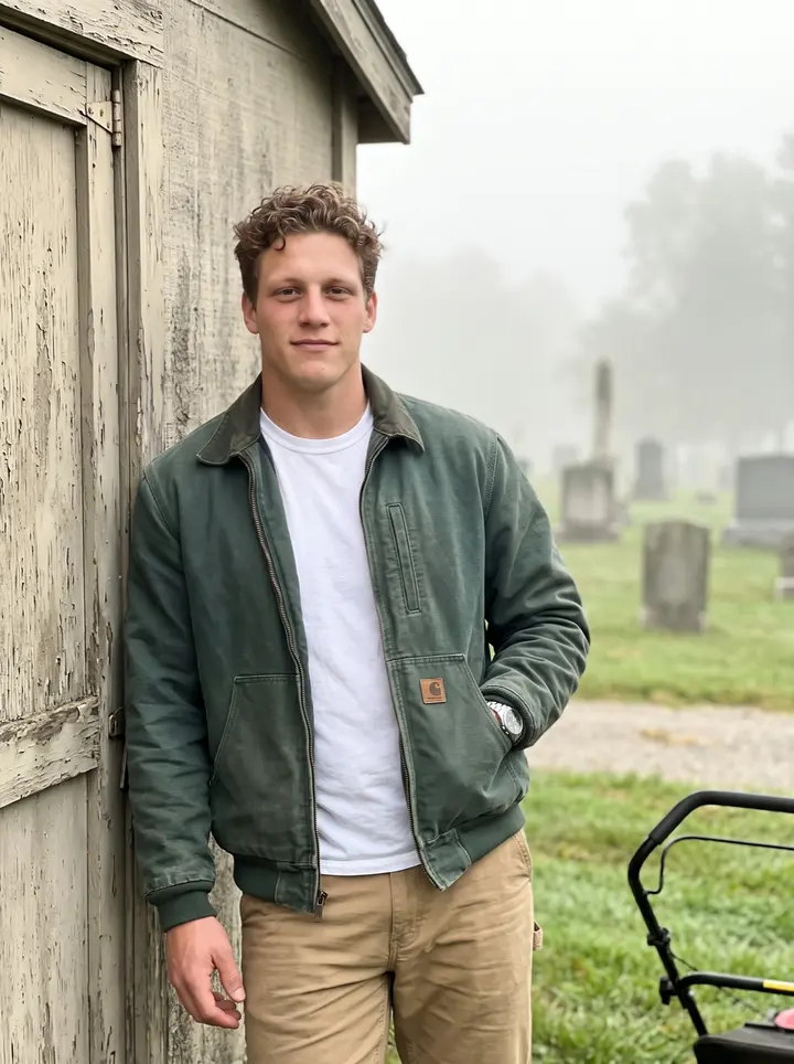 Timothy, AI character: the older section of a Cleveland cemetery just after dawn, beside the groundskeepers' shed and a parked mower