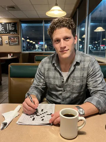 Timothy, AI character: a 24-hour diner booth on the east side of Cleveland, crossword and coffee on the laminate table