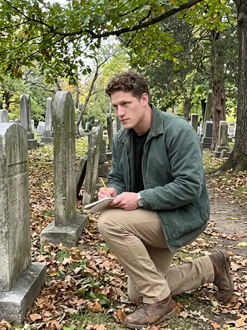 Timothy, AI character: an old shaded corner of Lake View Cemetery, fallen leaves around weathered stone markers