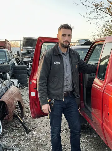 Christoph, AI character: a salvage yard outside Dayton at low autumn sun, leaning on the open door of his partly restored 1994 Ford…