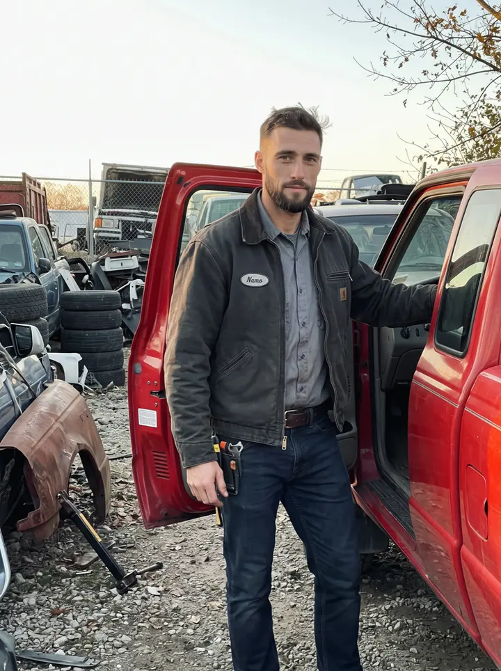 Christoph, AI character: a salvage yard outside Dayton at low autumn sun, leaning on the open door of his partly restored 1994 Ford…