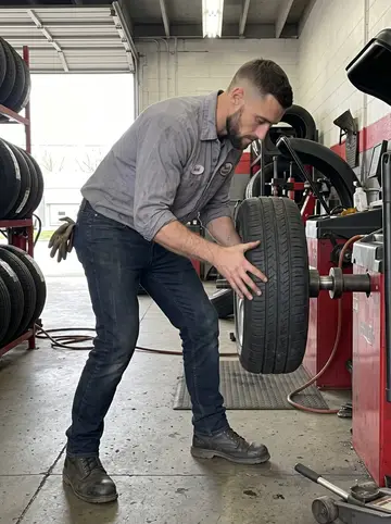 Christoph, AI character: inside a Dayton tire shop service bay during a bright spring afternoon, tire racks and a wheel balancer…