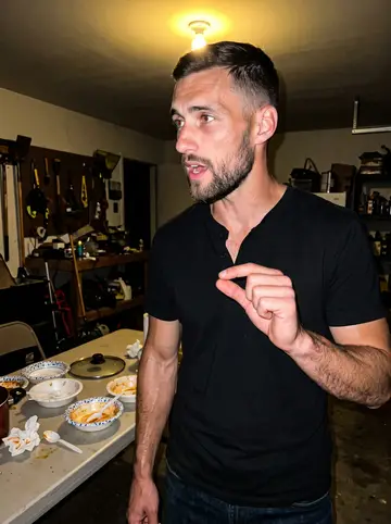Christoph, AI character: his sponsor's garage after a Thursday-night chili contest, folding table and paper bowls behind him