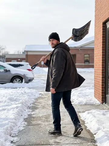 Christoph, AI character: a snowy Dayton parking lot beside a community center after helping clear the walkway