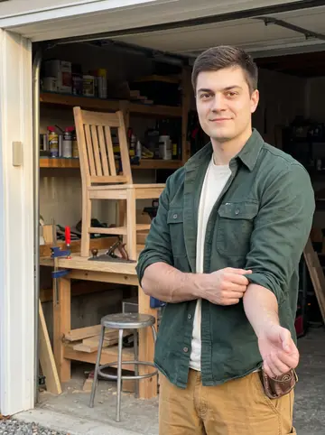 Merijn, AI character: the open door of his rented garage workshop in Grand Rapids, a half-built wooden chair clamped on a…