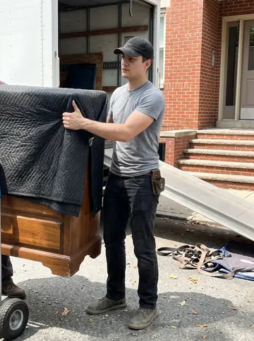 Merijn, AI character: outside a brick walk-up apartment in Grand Rapids beside a moving truck with the ramp down