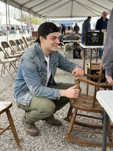 Merijn, AI character: a Sunday flea market on the west side of Grand Rapids, rows of old chairs and card tables behind him