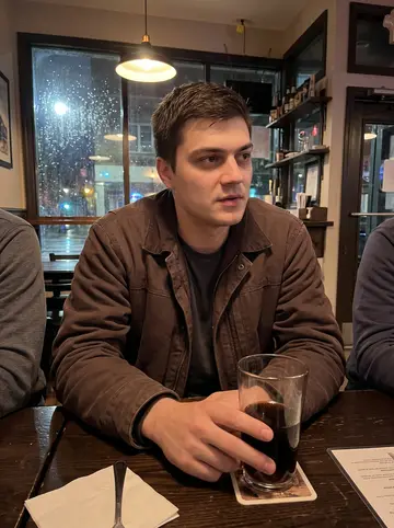 Merijn, AI character: a small Grand Rapids neighborhood bar after a rainy evening, sitting at a corner table with two friends…