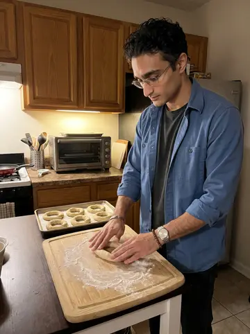 Hakan, AI character: his small Paterson apartment kitchen at 4 a