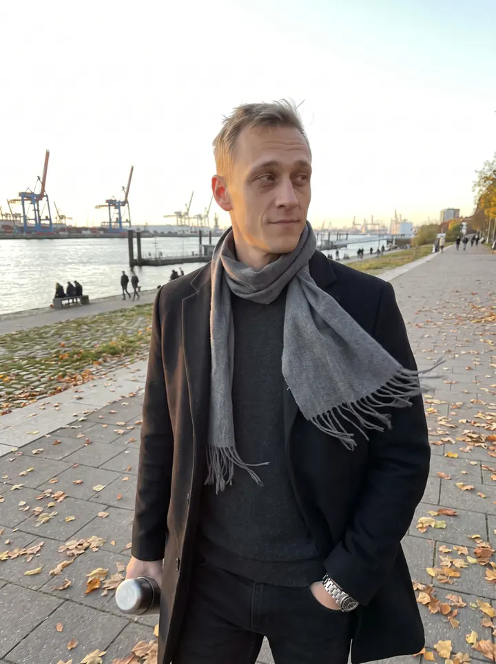Michał, AI character: the Elbe path in Hamburg at low evening sun, water and cranes behind him, thermos tucked under one arm