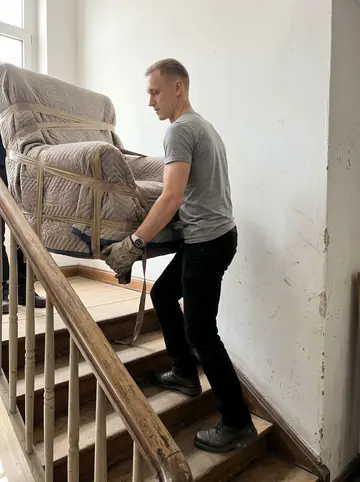 Michał, AI character: a narrow Hamburg Altbau stairwell during a removals job, white walls scuffed at the corners