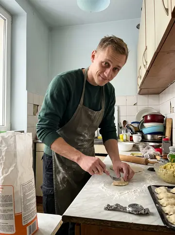 Michał, AI character: his landlady's modest Hamburg kitchen on Sunday morning, flour on the counter and a bowl of potato filling…