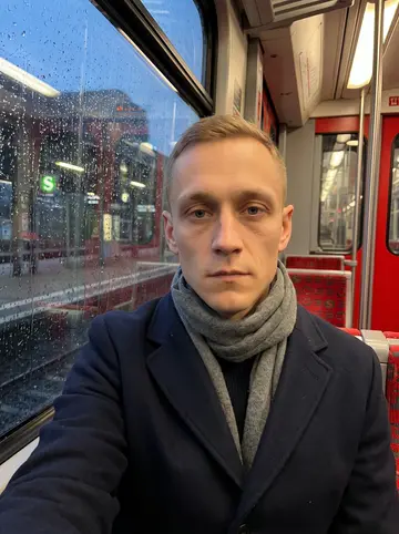 Michał, AI character: inside an S-Bahn carriage in Hamburg after work, wet window behind him reflecting station lights