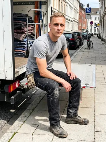 Michał, AI character: beside the open tail lift of a white removals truck parked on a Hamburg side street, moving blankets…