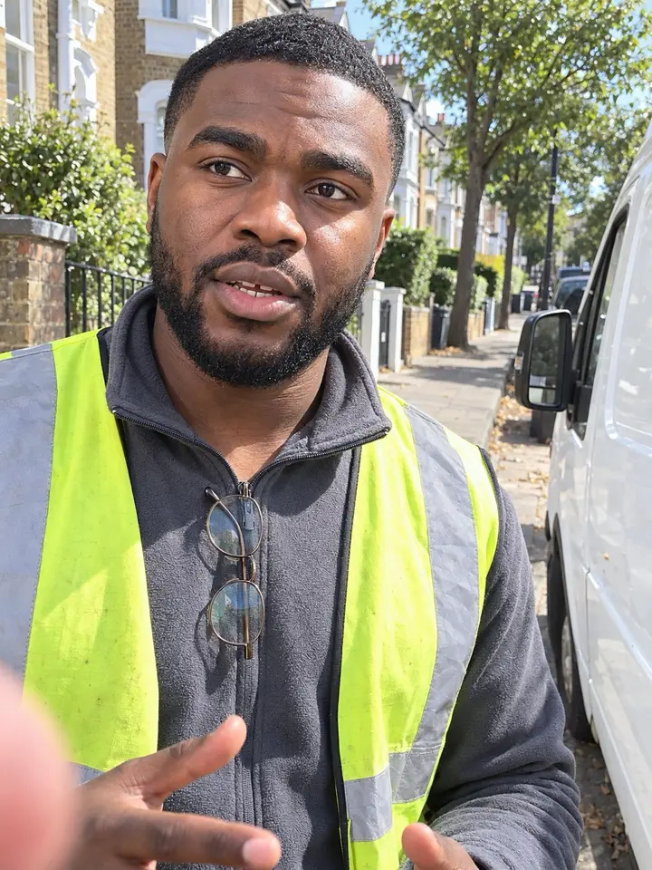 Owen, AI character: on the pavement outside a Victorian terrace in Moseley at midday, his white work van behind him
